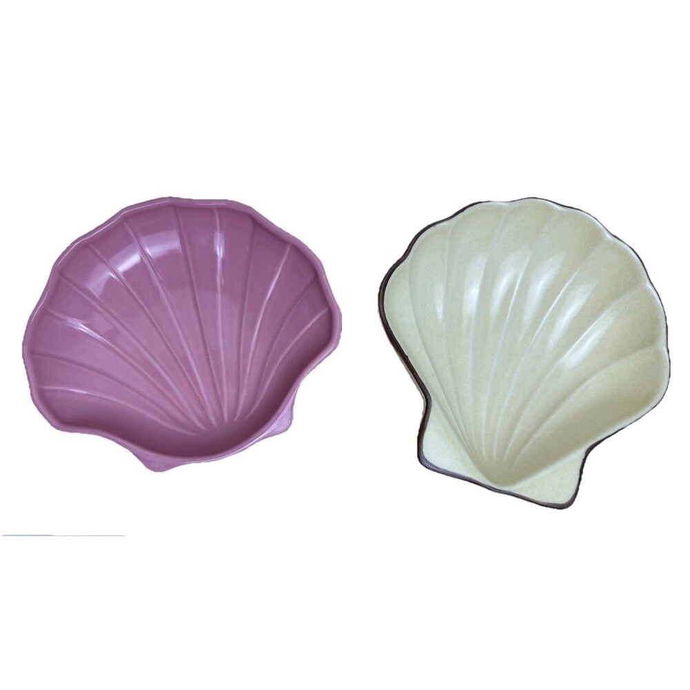 Vintage Pfaltzgraff Stoneware Shell Trinket Dishes Pink & Cream/Brn MCM Set of 2